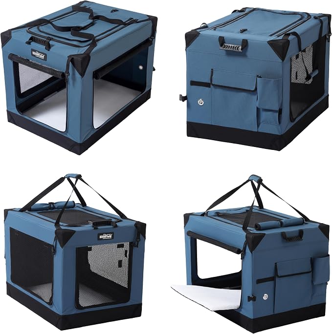 EliteField 4-Door Folding Soft Dog Crate (2-Year Warranty) with Aluminum Frame, Top Curtain, Carrying Bag, and Fleece Bed, Indoor & Outdoor Pet Home (54" L x 37" W x 45" H, Blue Gray)