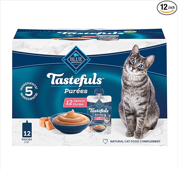 Blue Buffalo Tastefuls Purées with Salmon, Natural Cat Food Complement, Resealable Twist Cap Pouches, 3-oz. (12 Count)