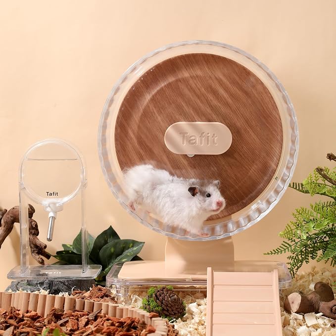 Silent Hamster Wheel 8.7 Inch Dual-Bearings Quiet Running Exercise Wheels with Wood Grain Backboard, Height Adjustable for Dwarf Hamsters, Gerbils, Mice, Hedgehog, Lemmings, Warm Brown