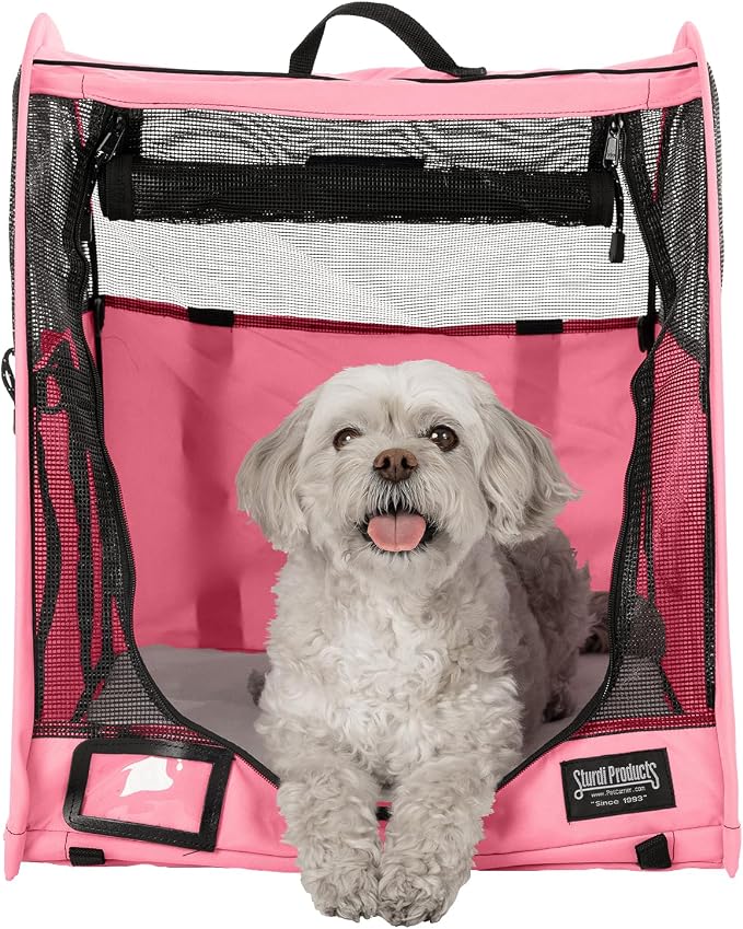 STURDI Small Pop-Up Kennel Cargo Portable Pet Bag | Collapsible Travel Pet Crate for Cats & Dogs | Single, Soft Pink