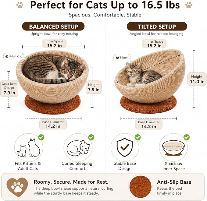 Novabright Sisal Cat Scratcher Bed with Solid Wood Base 15 x 15 x 7.87 Inch 2-in-1, Round Scratching Nest Lounge for Indoor Cats, Adjustable Tilt or Flat Installation, Jute Cat Scratching Bowl
