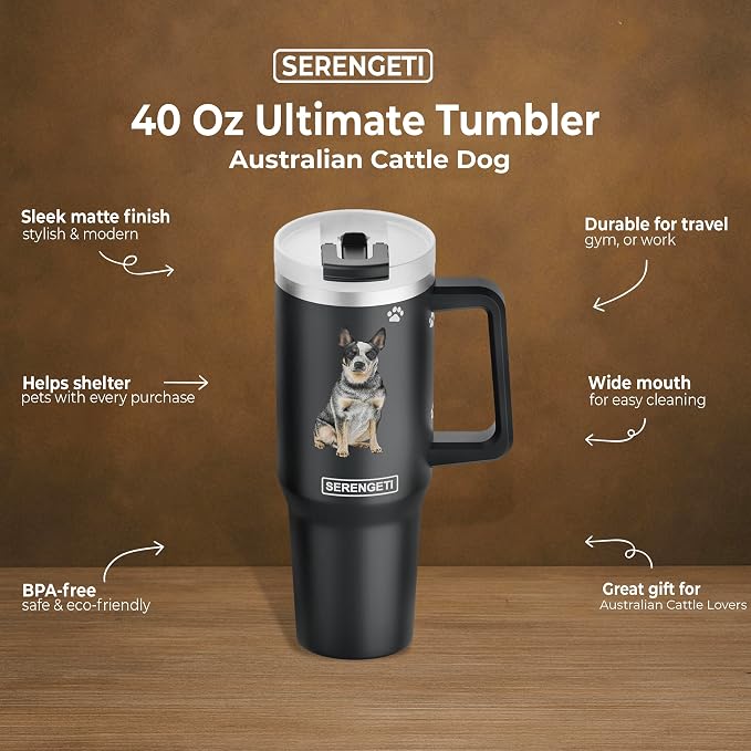E&S Pets SERENGETI 40 Oz Ultimate Tumbler with Handle and Straw - Vacuum Insulated Tumbler with Straw and Lid - Stainless Steel Travel Mug for Pet Lovers - 3D Printing (Australian Cattle Dog)