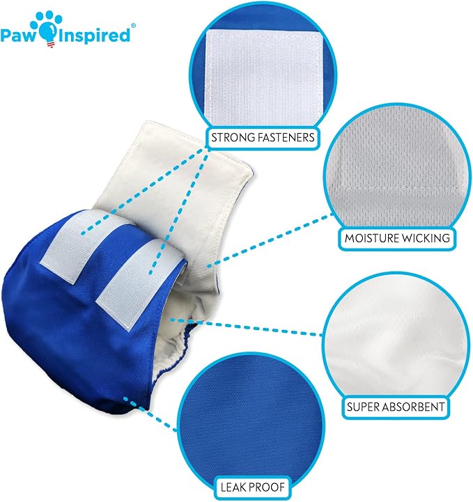 Paw Inspired 3-Count Reusable Male Dog Wraps, Washable Diapers for Male Dogs, Belly Bands for Incontinence, Surgery, Male Marking (Medium Size, Assorted Colors with White Lining, Pack of 3)