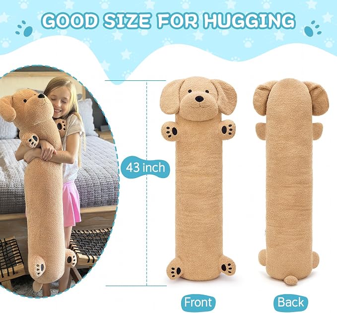 Muiteiur 43.3 Inch Long Dog Plush Pillow, Golden Retriever Dog Stuffed Animal with Big Ears, Soft Hugging Body Pillow, Gift for Kids, Girlfriend
