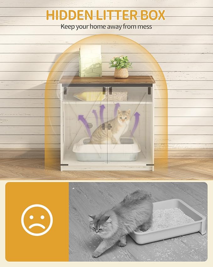 Hzuaneri Cat Litter Box Enclosure Enclosed, Hidden Litter Box Furniture Cabinet Large, Wooden Indoor Cat House with Adjustable Shelf for Top Entry Litter Box, Farmhouse Rustic Brown and White CB85414X