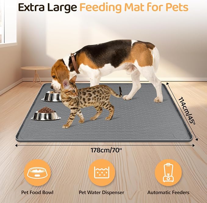 Dog Food Mat, Extra Large 70" x 45" Silicone Pet Feeding Mat with Raised Edge Pet Placemat for Small, Medium, and Large Pets Non-Slip, Easy to Clean (Dark Grey)