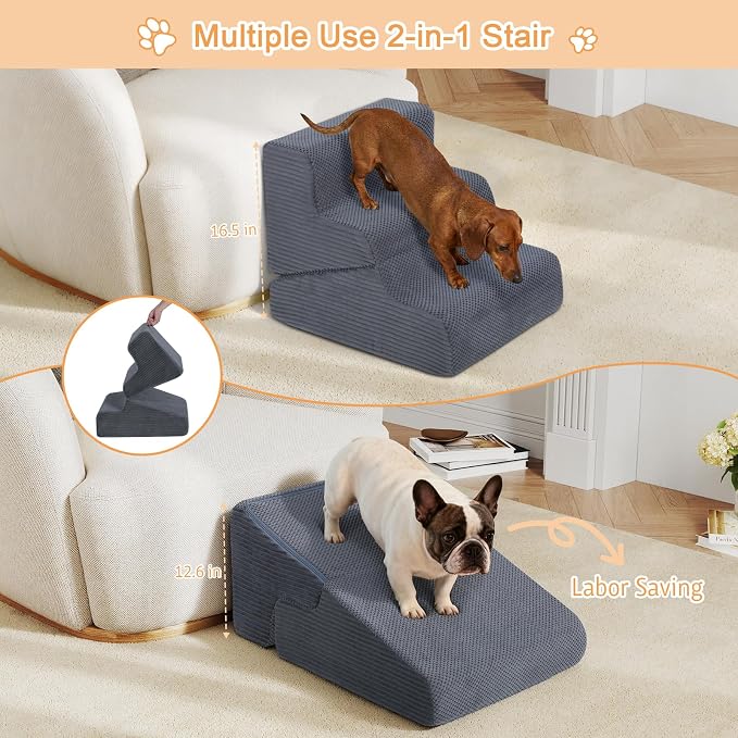Dog Ramp for Bed, Extra Wide 20" Width Dog Stairs for High Bed, 2 in 1 Pet Steps for Small Dogs, 4-Step Foldable Transformable Large Cats Ramp to Get on Couch, Non-Slip Balanced, Grey