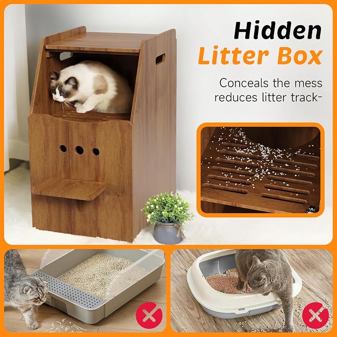 Cat Litter Box Enclosure,Enclosed Litter Boxes Cabinet,Top Entry Litter Box Enclosure,Tall Hiden Litter Furniture,Wood Cat Toilet with Filter and Stairs for Indoor Cats,Dog Proof (Brown)