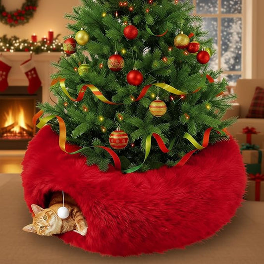 Thyle Christmas Cat Tunnel Bed Under Christmas Tree for Indoor Cats Xmas Pet Donut Tunnel with Cushion Foldable Round Pet Toy for Small Animals Kitten(3ft X 3ft X 9.8in,Red,Plush)