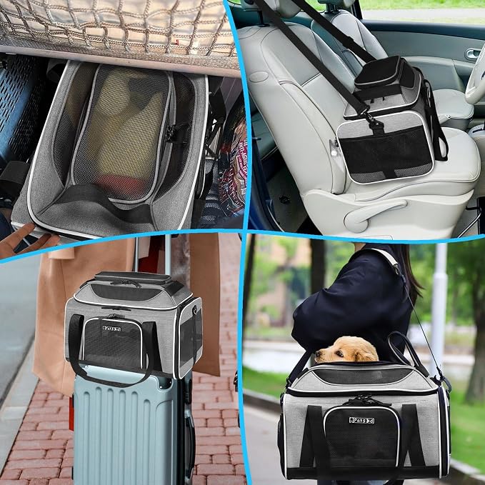 Petskd Top-Expandable Pet Carrier 17x12x8.5 Inches JetBlue Allegiant Spirit Airline Approved, Soft-Sided Carrier for Small Cats and Dogs with Locking Safety Zippers and Anti-Scratch Mesh(Grey)