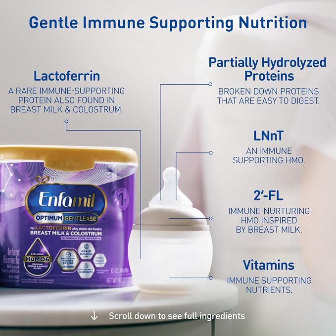 Enfamil Optimum Gentlease Baby Formula, Our Closest Formula to Breast Milk For Fussiness, Crying, Gas & Spit-up, Immune-Supporting Lactoferrin also found in Breast Milk, 19.5 Oz