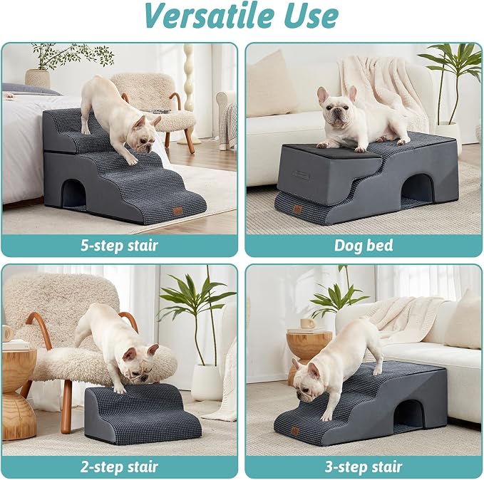 COZY KISS Dog Stairs for Small Dogs, 3-Step 2 in 1 Transformable Pet Stairs for Couch and Bed, 15.7" H Dog Steps for Old Cats, Puppy, Small Dogs (Dark Grey, 17.7x33x22.4 in, 5)