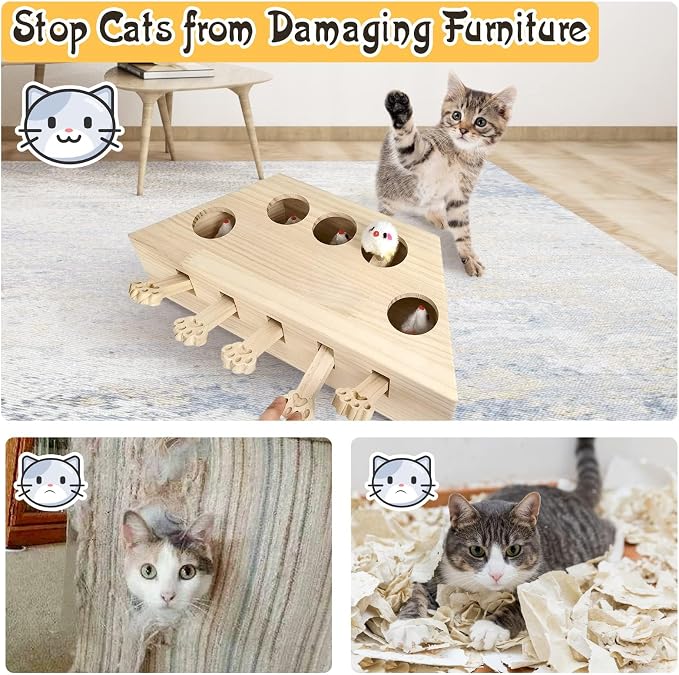 kathson Whack A Mole Cat Toy, Interactive Cat Toy Wood Kitten Puzzle Enrichment Box Catch Mice Game for Indoor Cat Exercise Relieve Boredom