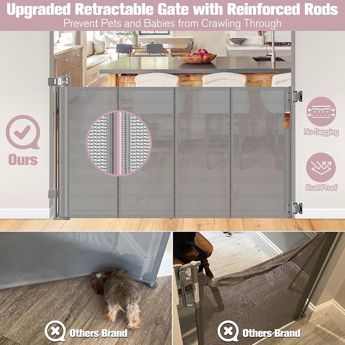 56" Wide Retractable Baby Gates for Stairs with Reinforced Strip, Baby Gate Retractable Pet Gate for Stairs to Prevent Crawling Through, Retractable Gates for Kids or Pets, Mesh Dog Gate Indoor, Gray