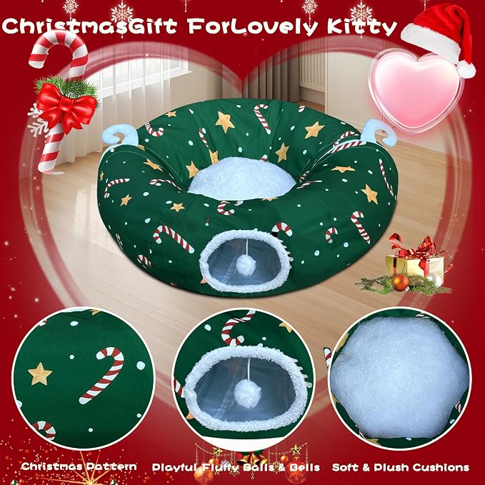 Cat Tunnel Bed in Christmas Style with Star, Crutches Candy, and Snowflakes Patterns - 3FT x 3FT x 9.8 INCH Size Green Decorative for Festive Felines