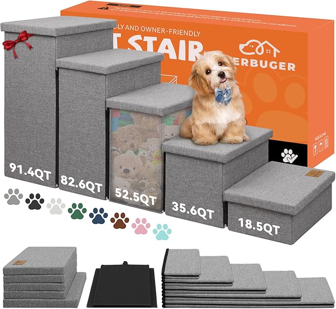 Zerbuger Dog Stairs for High Beds, Folding Pet Stairs Gift for Dogs Puppy with Storage for Bed Couch, Cat Dog Ramp Hold Up to 200 lbs (Gray, 5 Steps No Condo(49" D x 17" W x 26" H))