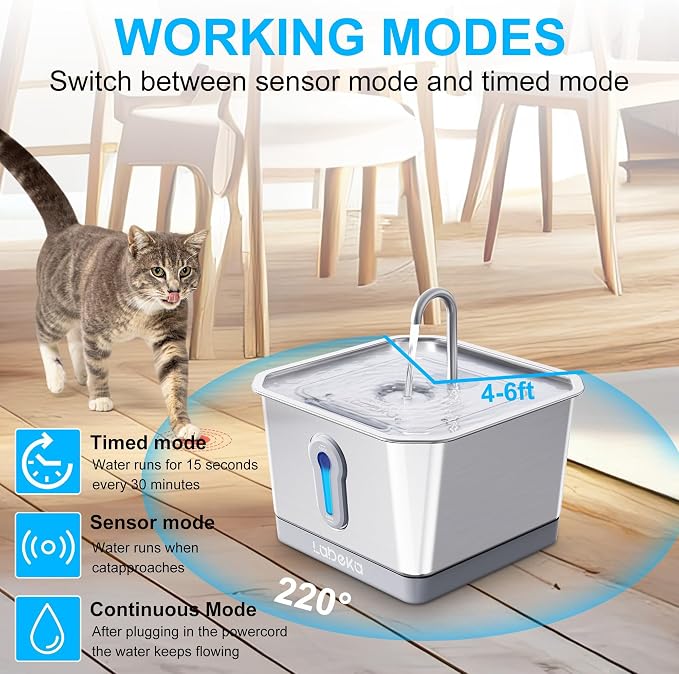 135oz/4L Wireless Cat Water Fountain, [304 Stainless Steel]&[Water and Electricity Separation Safety Design], Pet Fountain for Cats Inside, Innovative Design Easy to Clean for Cats and Dogs-8 Filters