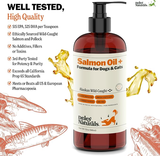 Deley Naturals Wild Alaskan Salmon Oil for Dogs & Cats - New and Improved Salmon Oil Plus Formula - Fish Oil for Dogs with Omega 3, DHA and EPA - Omega 3 for Healthy Skin and Coat - 32oz Made in USA