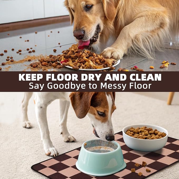 PUPTECK Dog Food Mat, Absorbent Pet Cat Feeding Mat for Food and Water Bowls, Anti-Slip Dog Placemat for Floors Waterproof, Pet Supplies Accessories, Brown & Khaki Checkered S