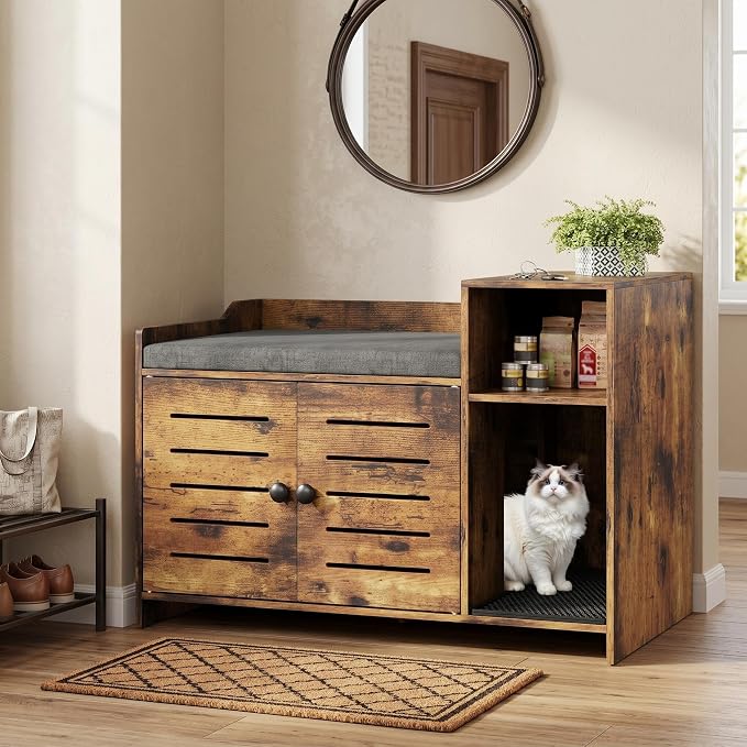Vintage Brown Hidden Cat Litter Box Enclosure Furniture with Mark Pad – Modern Farmhouse Cat House Cabinet, Storage Shelf – Indoor Use, Hallway or Bedroom, Vintage Brown