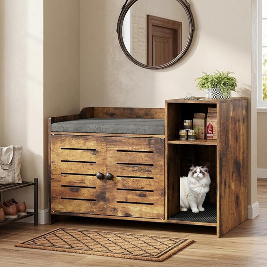 Vintage Brown Hidden Cat Litter Box Enclosure Furniture with Mark Pad – Modern Farmhouse Cat House Cabinet, Storage Shelf – Indoor Use, Hallway or Bedroom, Vintage Brown