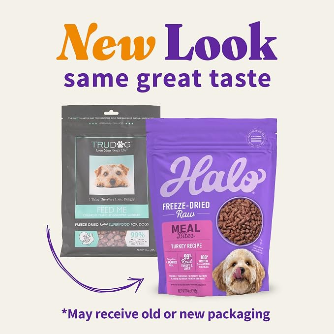 Halo Freeze-Dried Raw Dog Food, Turkey Recipe Meal Bites, Grain Free Real Meat Nutrition & Natural Energy, 100% Animal Protein Source for Adult Dogs, 14 oz Bag