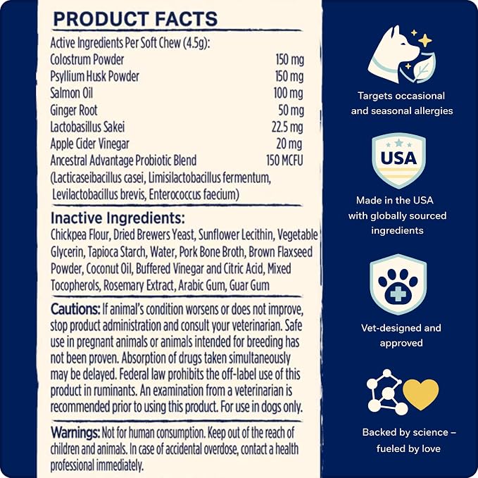 Dog Allergy Chews, Immune and Gut Health Support for Dogs, Itchy Skin, Paw Licking and Seasonal Allergies, Probiotics, Colostrum, Omega Salmon Oil, Skin & Coat Supplement, 30 Chews