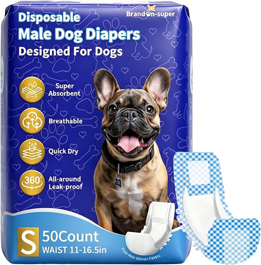 BrandonSuper Dog Diapers Male 50CT,S,Ultra Absorbent Disposable Small Puppy Dog Wraps,Leak-Proof Belly Band for Male Adult Dog and Puppy