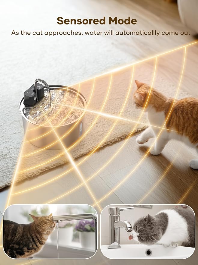 Tomxcute Wireless Cat Fountain 10 Filters -108oz Cordless Battery Operated | Quiet Pump Stainless Steel Pet Fountain with 3 Smart Water Supply Modes Rechargeable Water Dispenser for Cats, Dogs, Pets