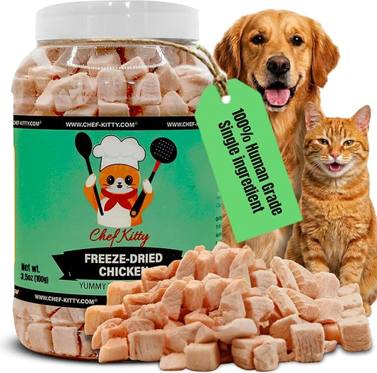 Freeze Dried Chicken Cat Treats | Healthy Dog Food Toppers 100% Human Grade | Single Ingredient, Grain Free Chicken Dog Treats | Inspected & Tested in USA | No Additives or Preservatives, 3.5 oz
