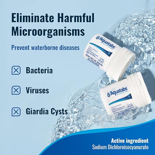 Complete Boat & RV Drinking Water Kit - 100 Aquatabs Water Purification Tablets + 50 Chlorine Test Strips + Water Flow Meter - for Boat & RV Tanks - By Aquamarine Water Solutions