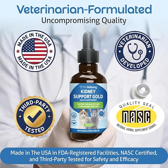 Pet Wellbeing Kidney Support Gold for Cats - Supports Normal Kidney Function & Detox, Healthy Hydration & Energy with Rehmannia & Dong Quai - NASC Certified & Vet-Formulated - 2oz Liquid Formula