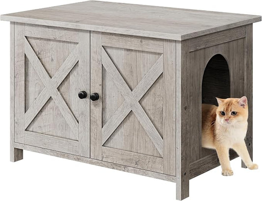 Shintenchi Cat Litter Box Enclosure, Litter Box Furniture Cabinet Hidden with Removable Divider, Wooden Cat House with End Table, Ash Oak Grey, 31.5 inch