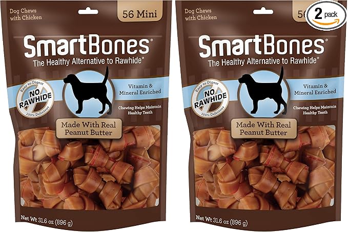 SmartBones Mini Bones with Real Peanut Butter, Rawhide-Free Chews for Dogs 56 Count (Pack of 2)