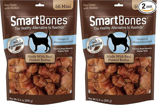 SmartBones Mini Bones with Real Peanut Butter, Rawhide-Free Chews for Dogs 56 Count (Pack of 2)