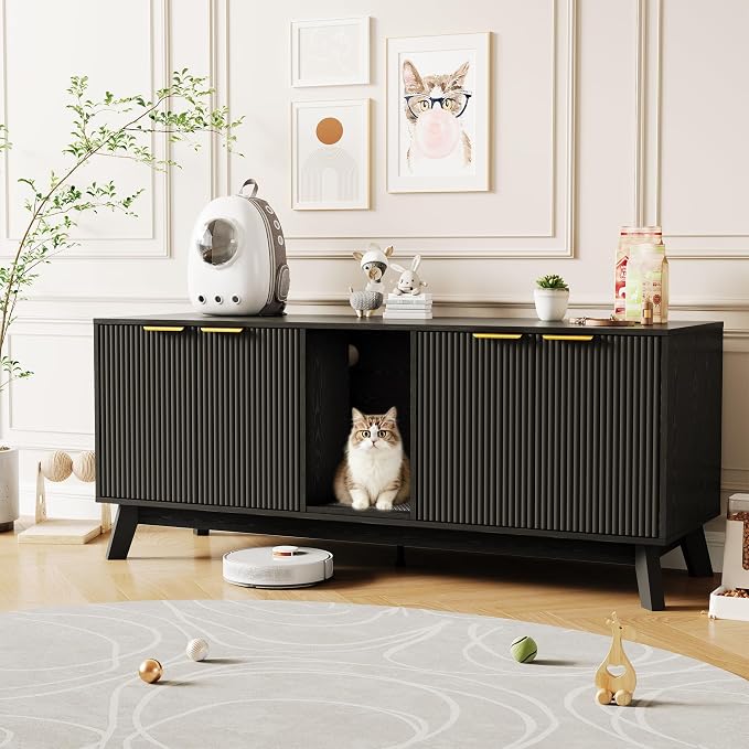 Garvee Cat Litter Box Enclosure for 2 Cats, 59" Hidden Litter Boxes Furniture with Cat Litter Mat, Large Indoor Pet House with Double Room, Wooden TV Stand Side Table, Black
