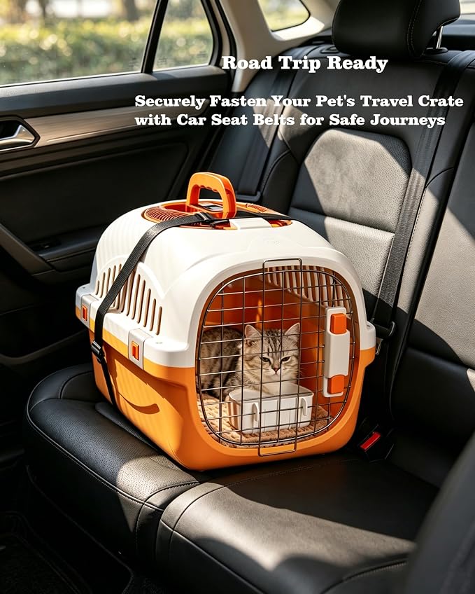Cat Carrier Airline Approved, Portable Pet Travel Crate with Anti-Stress Design for Cats & Small Dogs, Car Safe Kennel with Top Window (Orange)