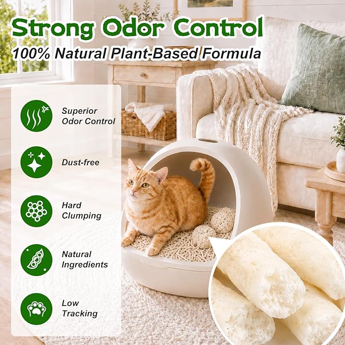 Worda Tofu 100% Natural Plant-Based Cat Litter Unscented, Dust-Free and Respiratory Friendly Low Tracking Fast Clumping for Multi-Cat Homes 9LB x 2 Bags