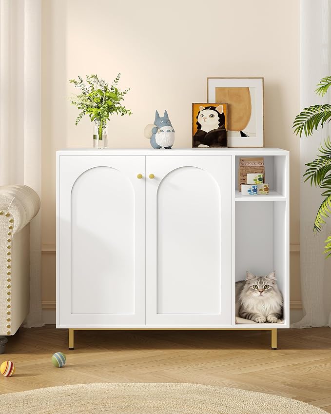 Hzuaneri Extra Large Cat Litter Box Enclosure, Automatic Litter Box Furniture with Scratch Pad, Wooden Modern Self-Cleaning Cat Cabinet with Storage, Cat Washroom, End Table, White and Gold CB87103G