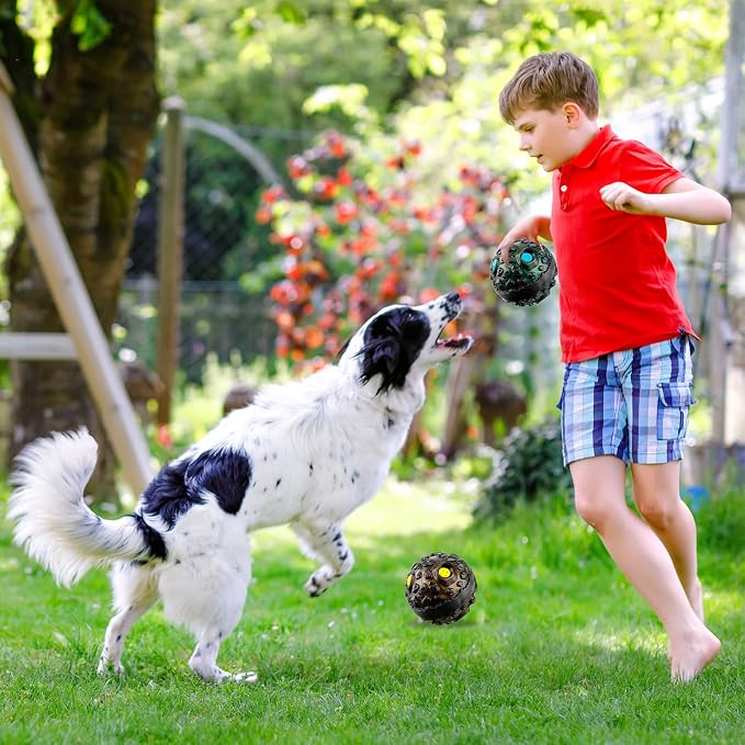 Honoson 2 Pcs Dog Ball for Aggressive Chewers, Indestructible Interactive Dog Toy with Squeaky Giggle, Elastic Rubber Wobble Chew Toy for Small Medium Large Dogs, Teeth Cleaning (Lake Blue,Yellow)