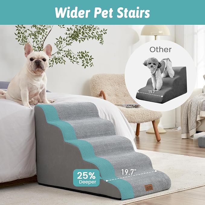 COZY KISS Wide Dog Stairs 19.7" Width, Pet Step for Small/Medium/Large Dog, Puppy or Cat, Pet Ramp for High Bed or Car, High Density Foam Ladder, 19.7x33x22.4 in, Stable, 5 Step, Grey