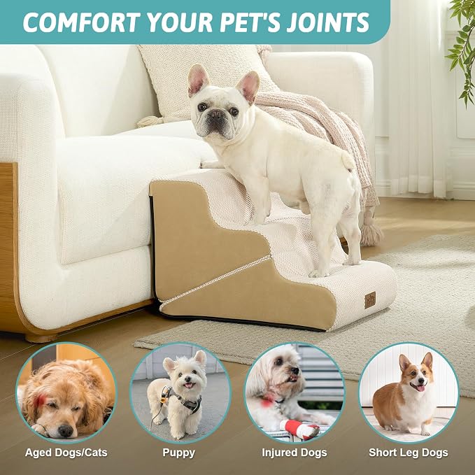 COZY KISS Dog Stairs for Small Dogs, 3-Step 2 in 1 Transformable Pet Stairs for Couch and Bed, 15.7" H Dog Steps for Old Cats, Puppy, Small Dogs (Beige, 15.7x22.4x15.7 in, 3.0)