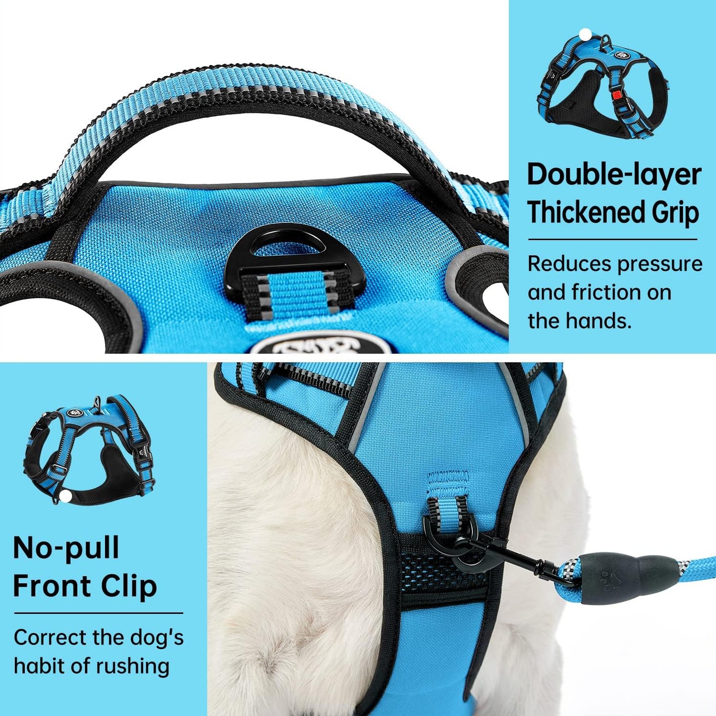 IVY&LANE No Pull Dog Harness for Medium Dogs, Dog Vest Harness with Leash, Safety Belt and Storage Strap, Fully Adjustable, 360 Reflective Strip, Soft Handle (Blue, M)