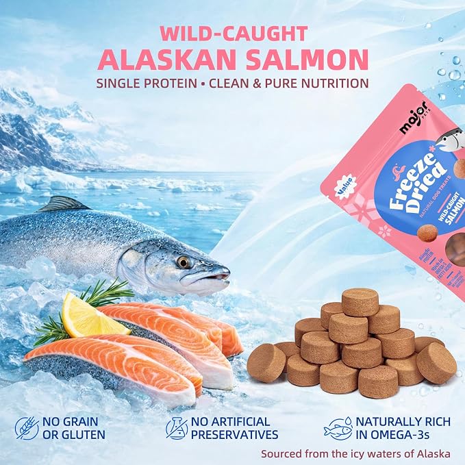 MAJOR PETS Freeze Dried Salmon Dog & Cat Treats - Wild Caught Alaskan Salmon -Single Protein - Grain Free & Gluten Free - Dog Food Toppers & Training Treats - Made and Sourced in The USA - 10 oz