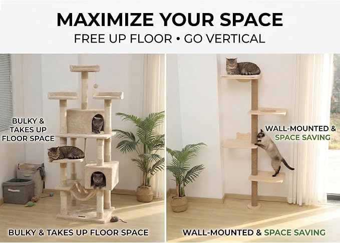 Cat Tree Wall Mounted,Tall Scratching Post for Indoor Cats Climbing Tower Activity Wood Cat Wall Furniture(Wood)