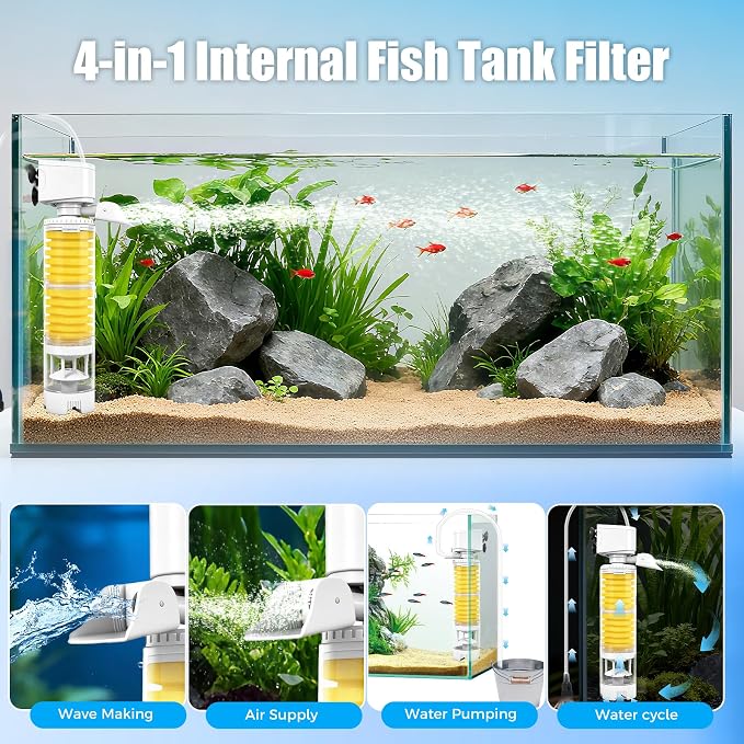 Vehipa Fish Tank Filters, 4-in-1 Aquarium Filter for Multi-Layer Filtration, Adjustable Oxygenation & Wavemaker, Ultra-Quiet Water Circulation for 40-70 Gallon Aquariums, 225GPH