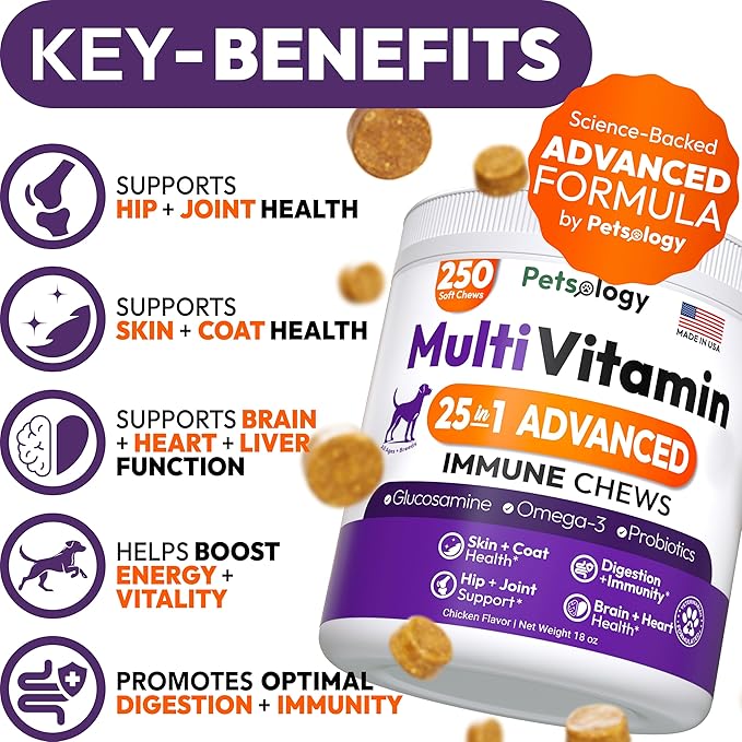 25-in-1 Dog Vitamins and Supplements - 250 Chews Dog Multivitamin Chewable with Glucosamine, Probiotics Omega 3 for Dogs Skin & Coat Hip & Joint Gut Brain Immune Support - Senior & Puppy Multivitamin