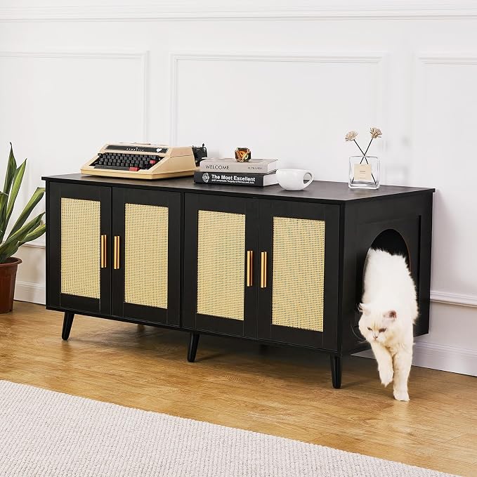VEVOR Cat Litter Box Enclosure for 2 Cats, Litter Box Furniture Hidden with Double Rooms, Wooden Cat Box Cabinet Fit Most of Litter Box