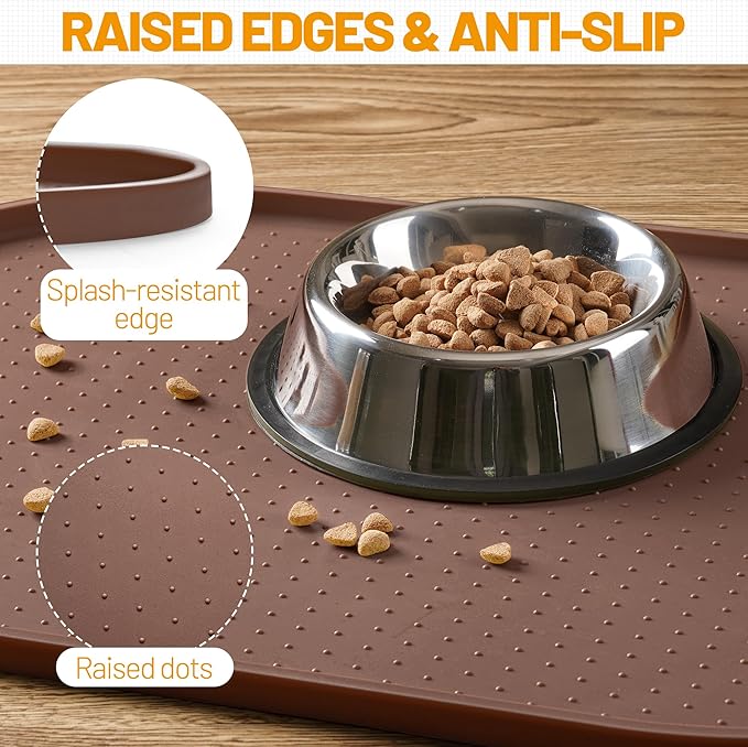 Hubulk 100% Waterproof Silicone Pet Feeding Mat with Raised Edge for Food and Water, Dog Bowl Mats, Cat Bowls Placemat with High Lip Protects Floor for Cats and Dogs (Brown, 24" L x 16" W)