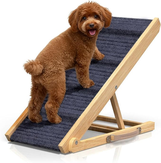 Adjustable Dog Ramp for Bed - 34" Long Foldable Wooden Ramp for Dogs to Get on Bed, Couch, or Car with 12.6" Wide Walking Space (Natural Wood with Gray Carpet)